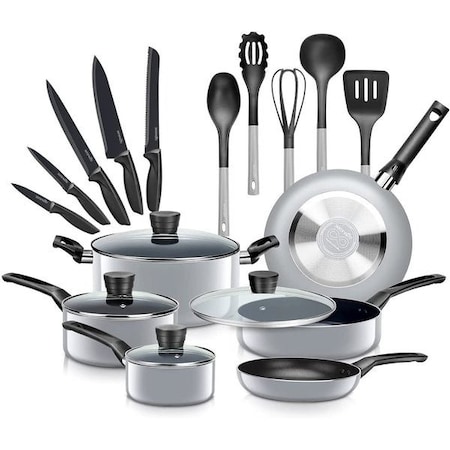 Serenelife Kitchenware Pots & Pans Set - Basic Kitchen Cookware, Black Non-Stick Coating Inside, Heat Resistant SLCW20GRY